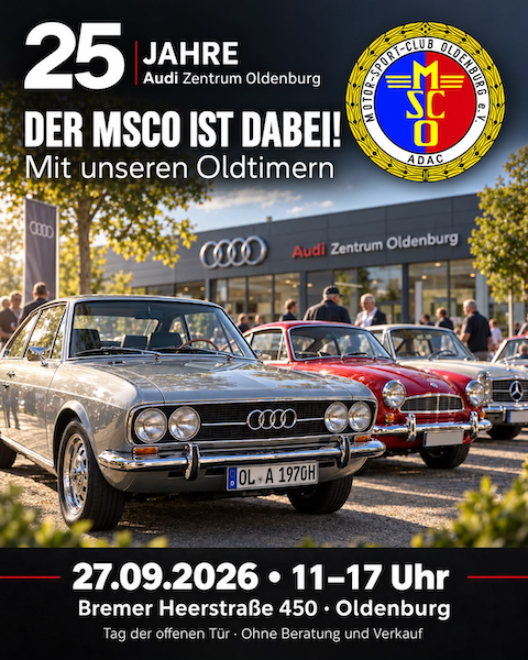 Plakat Audi-25-Jahre & MSCO Oldtimer am 27.09.26 bei Audi in Oldenburg