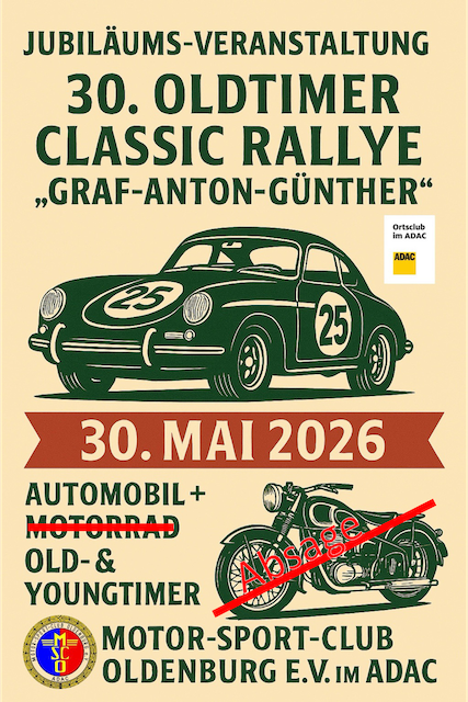 Plakat GAG 2026 vom MSCO - Einladung an alle Autos, Absage für Motorräder